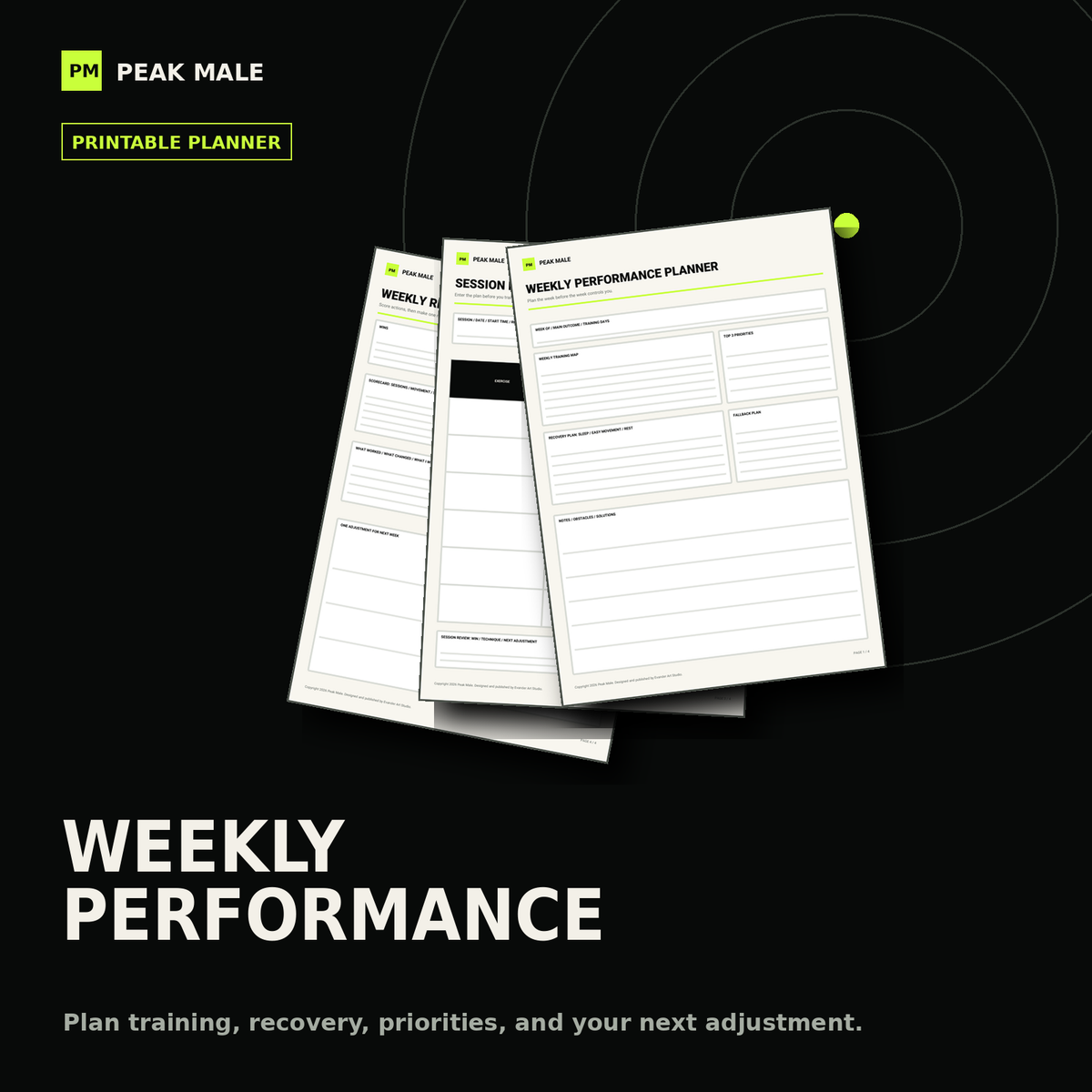 Peak Male Weekly Performance Planner printable pages mockup